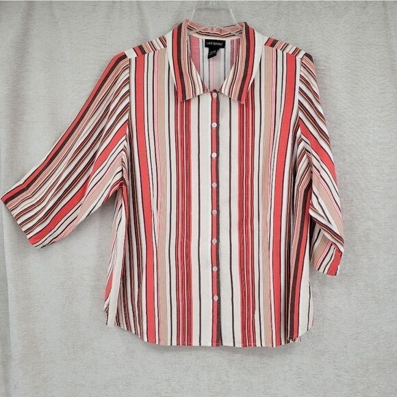 Lane Bryant Coral Cream Stripe Linen Button Down Blouse Women's Plus Size 22/24 - Picture 2 of 8